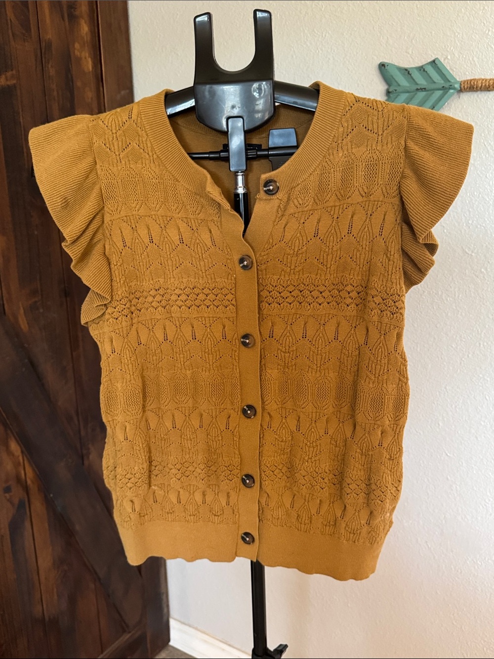 Who What Wear Mustard Short-Sleeve Ruffled Button Cardigan